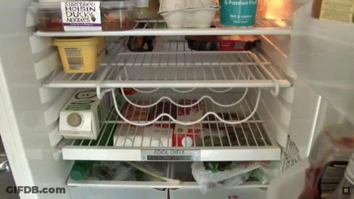 An Open Refrigerator With A Carton Of Shredded Hoisin Duck Noodles On Top GIF