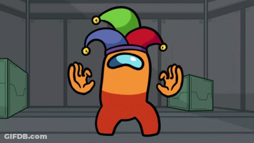 An Orange Among Us Character With A Colorful Jester Hat GIF