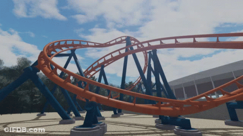 An Orange And Blue Roller Coaster With A Blue Sky Behind It GIF