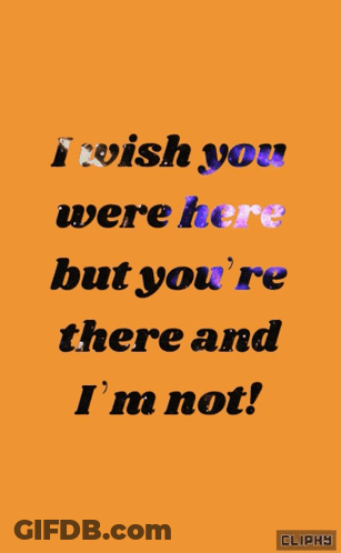 An Orange Background With Blue Text That Reads I Wish You Were Here But You 'Re There And I 'M Not GIF