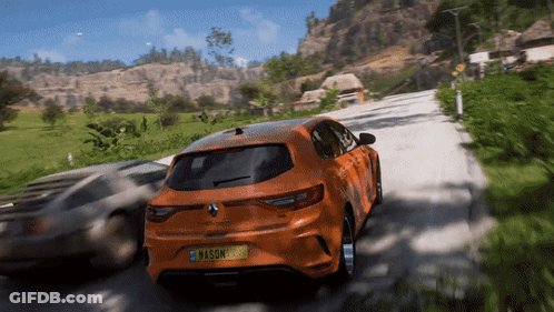 An Orange Car With A Yellow License Plate That Says V450n068 GIF