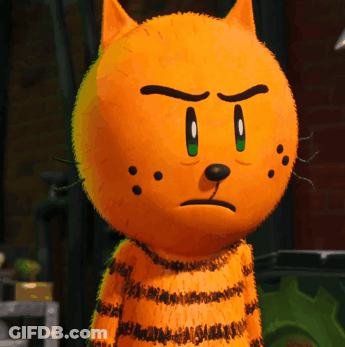 An Orange Cartoon Cat With Black Spots On Its Face GIF