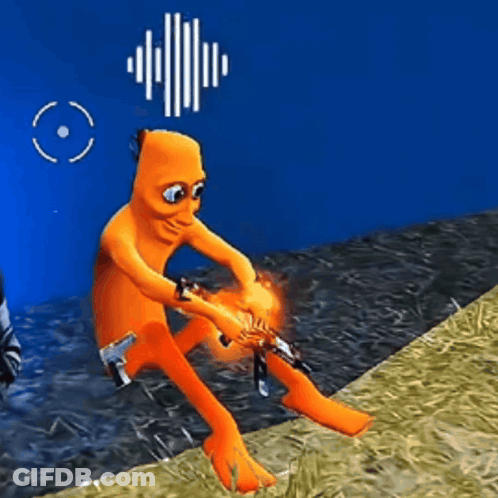 An Orange Cartoon Character Is Sitting On The Ground Holding A Gun . GIF