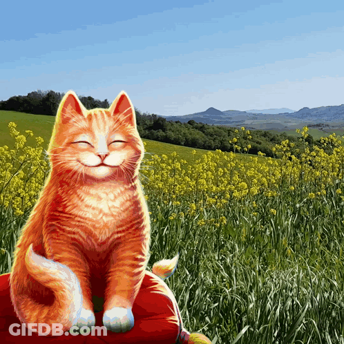 An Orange Cat Is Sitting In A Field Of Yellow Flowers With Its Eyes Closed GIF