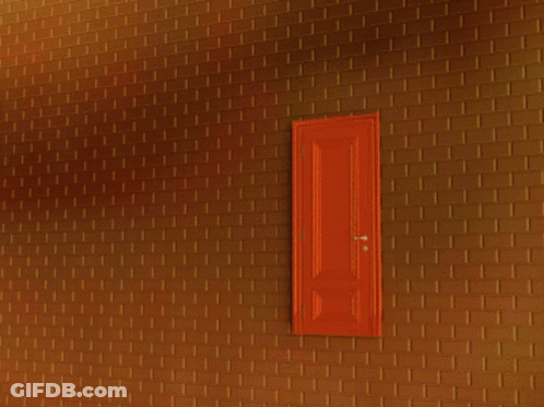 An Orange Door With A Picture Of A Smiling Face In It GIF
