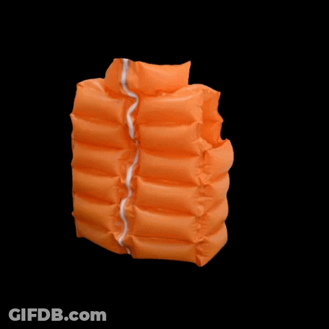 An Orange Inflatable Vest With A White Zipper On The Side GIF