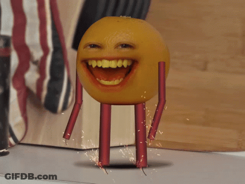 An Orange With Arms And Legs Is Smiling And Looking At The Camera GIF