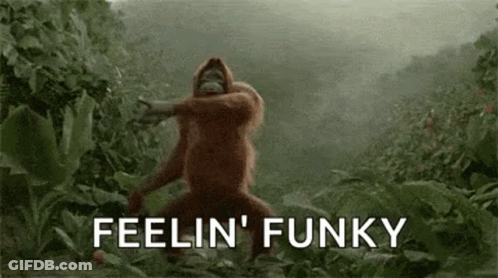 An Orangutan Is Dancing In The Jungle With The Words `` Feelin ' Funky '' . GIF
