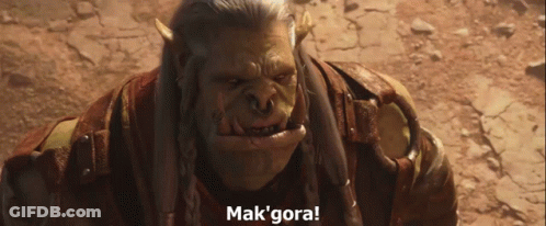 An Orc Says " Mak'gora " In A Video Game GIF