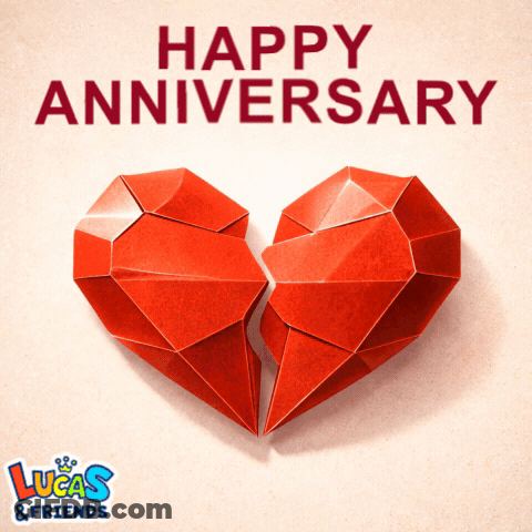 An Origami Heart With The Words Happy Anniversary Lucas & Friends On The Bottom GIF