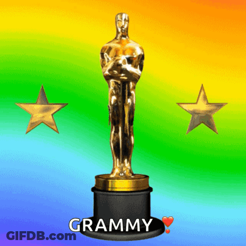 An Oscar Statue With The Word Grammy On The Base GIF