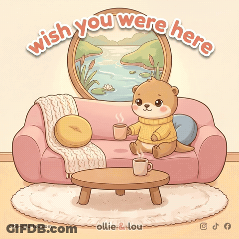 An Otter Sits On A Pink Couch With Two Cups Of Coffee GIF