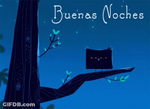 An Owl Is Sitting On A Tree Branch With The Words Buenas Noches Written Above It GIF