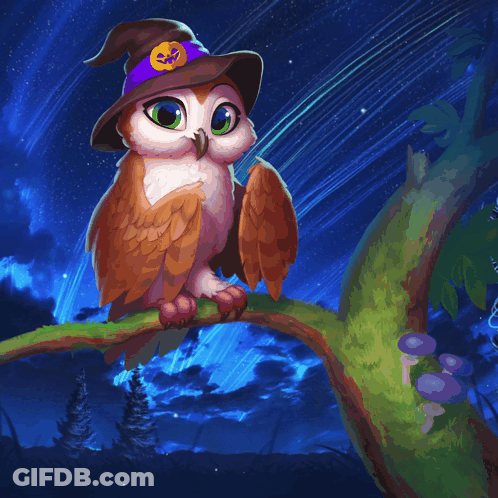 An Owl Wearing A Witch Hat With A Pumpkin On It Sits On A Branch GIF