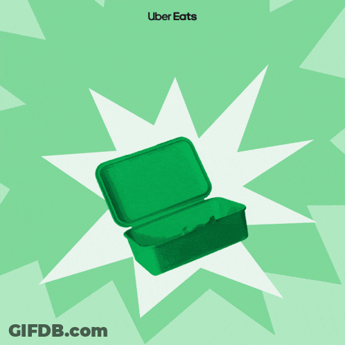 An Uber Eats Advertisement With A Green Lunch Box Bananas And Books GIF