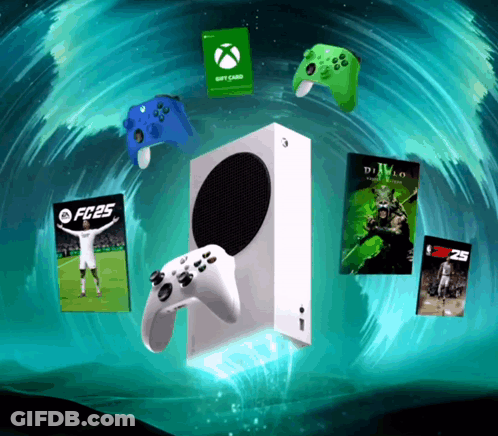 An Xbox Gift Card Is Surrounded By Controllers And A Diablo Video Game GIF