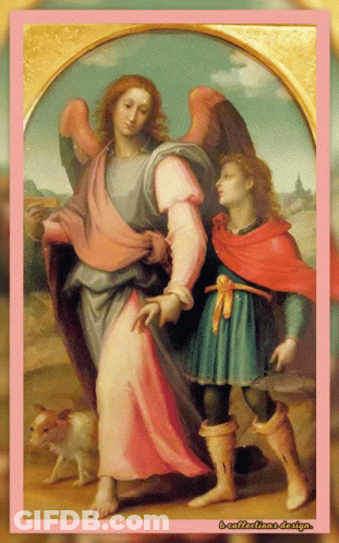 Angel And Boy With Dog In Pink And Gold Frame GIF