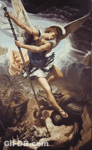 Angel Holding Cane Over Demon GIF