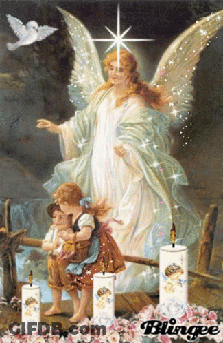 Angel Standing Over Two Children With Candles And Flowers GIF