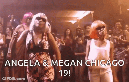 Angela And Megan Chicago Are Dancing In Front Of A Crowd Of People . GIF