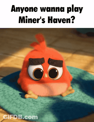 Angry Bird Laying On Blue Rug Saying Anyone Wanna Play Miners Haven GIF