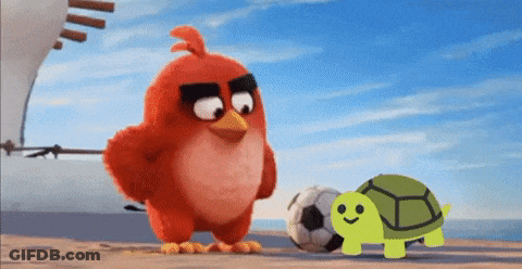 Angry Bird Standing Next To Green Turtle With Soccer Ball GIF