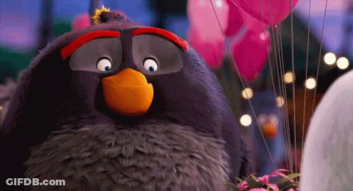 Angry Bird With Balloons Looking At Camera GIF