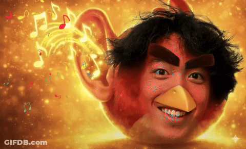 Angry Bird With Man's Face And Music Notes From Ears GIF