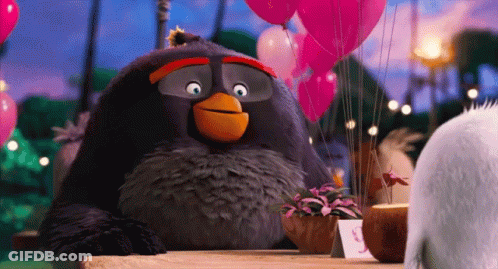 Angry Birds Sitting At Table With Balloons GIF