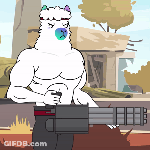 Angry Cartoon Llama Holding Cannon GIF