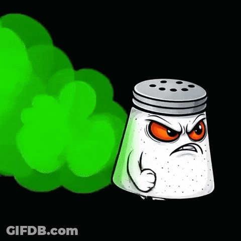 Angry Cartoon Salt Shaker Blowing Green Smoke GIF