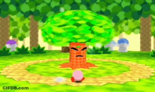 Angry Kirby Standing Next To Tree GIF
