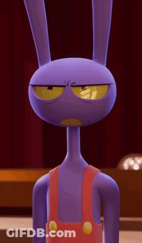 Angry Purple Cartoon Character With Yellow Eyes And Red Overalls GIF