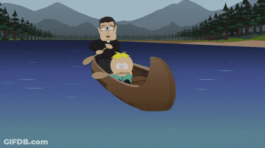 Animated Boys Brown Skiff On River GIF
