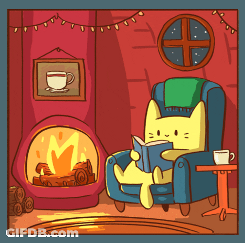 Animated Cat Beside Fireplace GIF