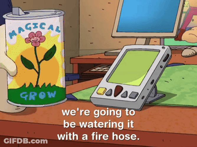 Animated Character Planning To Water Seed Using Fire Hose GIF