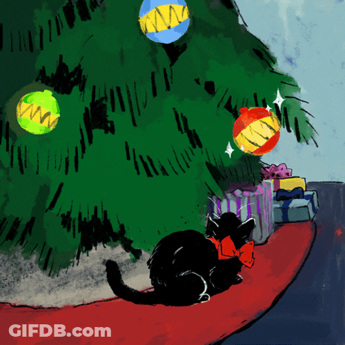 Animated Christmas Tree With Happy Cat GIF