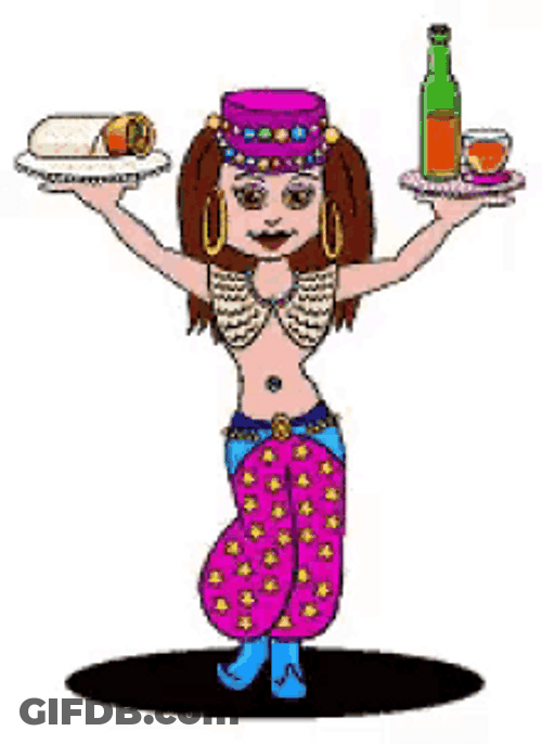 Animated Girl Belly Dance Balancing Food And Drinks GIF