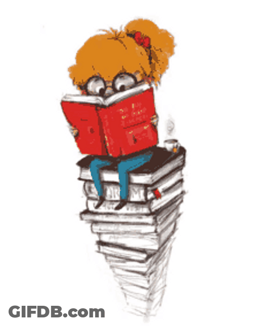 Animated Girl Sitting Layered Books Focused Reading GIF