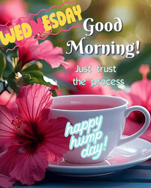 Animated Good Morning Wednesday Cup Of Pink Tea GIF