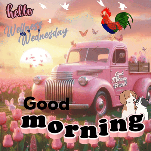 Animated Good Morning Wednesday Pink Truck With Animals GIF