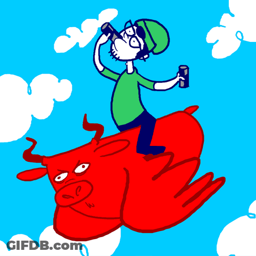 Animated Guy Drinking Red Bull In Sky GIF