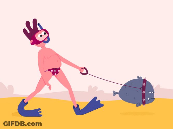 Animated Guy In Underwear Walking With Pet Fish GIF