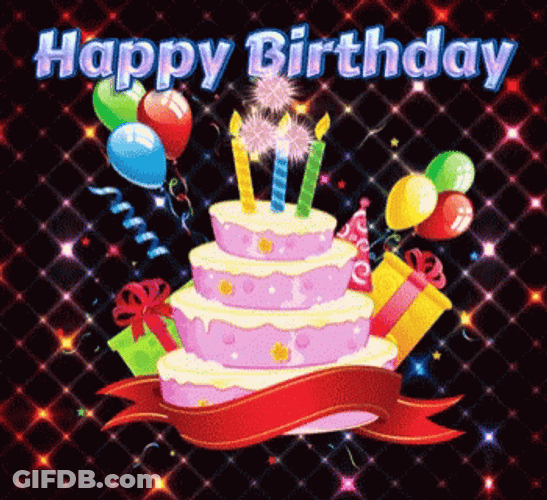 Animated Happy Birthday Cake Glitter Splashed GIF