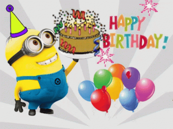 Animated Happy Birthday Minion Raising Cake GIF