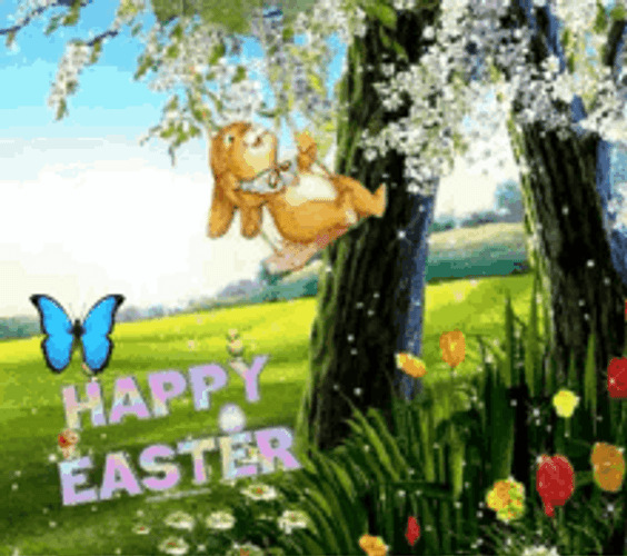 Animated Happy Easter Bunny Happily Using Swing GIF
