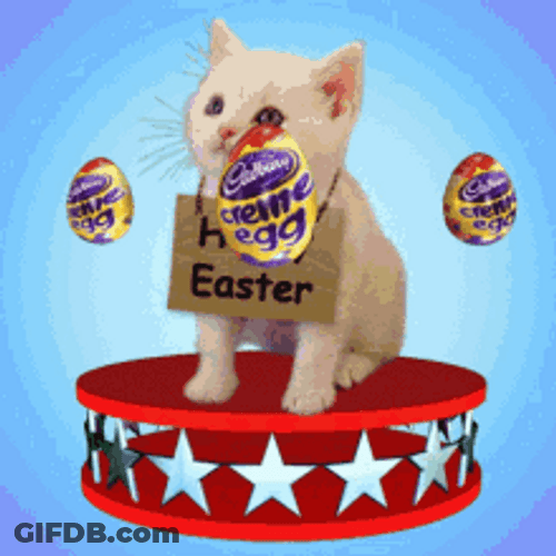 Animated Happy Easter Cat With Spinning Eggs GIF