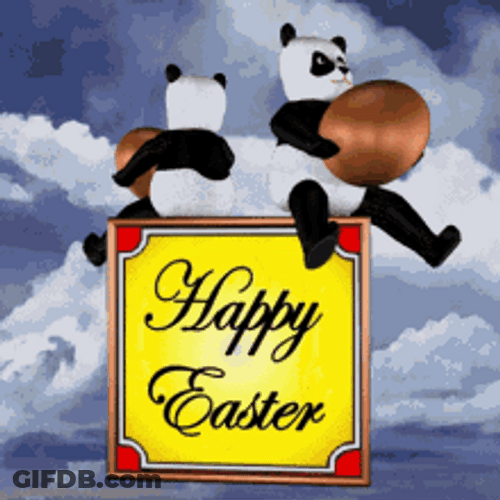 Animated Happy Easter Pandas Sitting On Box GIF