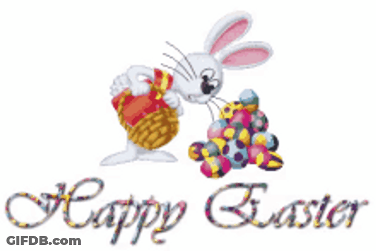 Animated Happy Easter Rabbit Looking At Eggs GIF
