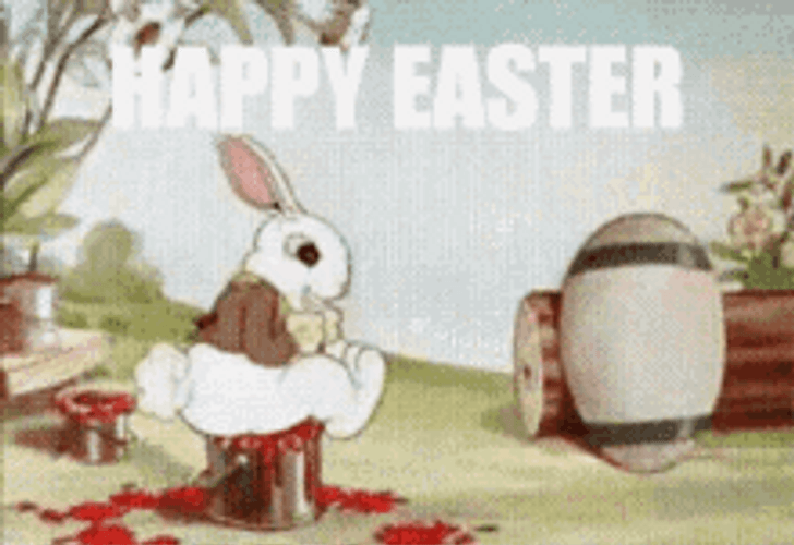 Animated Happy Easter Rabbit Printing Hearts GIF